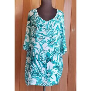 Kai size XS aqua tropical Hawaiian sheer flower print blouse